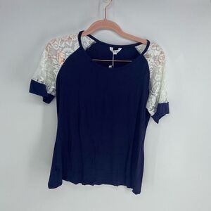 New Meanoer Women's Navy Blue White Short Sleeve Cotton Lace Tunic T-Shirt